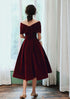 Wine Red Velvet Tea Length Off Shoulder Party Dress Homecoming Dress, Wine Red Bridesmaid Dress